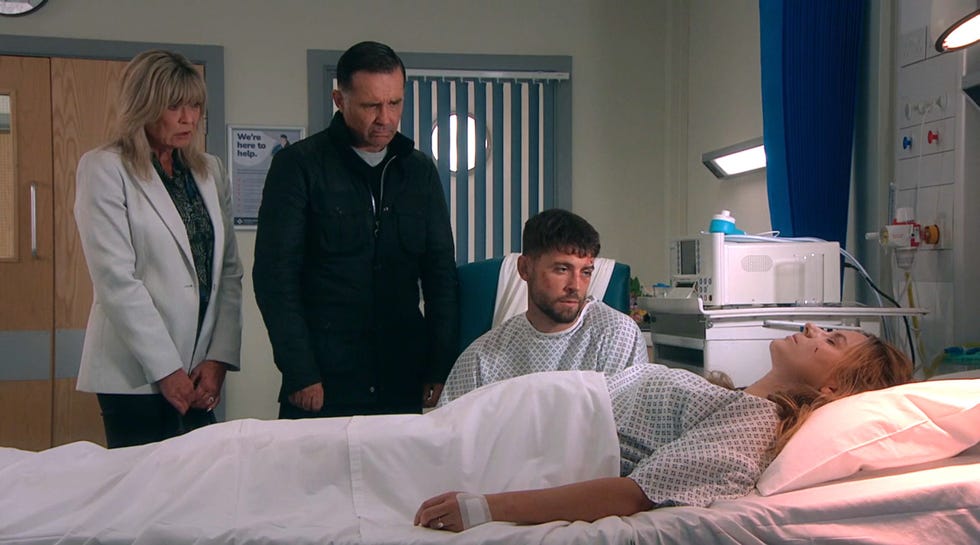 Emmerdale Kim Tate, Graham Foster, Joe Tate, Dawn Fletcher kim tate, graham foster, joe tate and dawn fletcher in a hospital room in emmerdale.