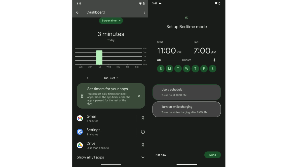 two Pixel screenshots showing a screen time graph and how to set up bedtime mode