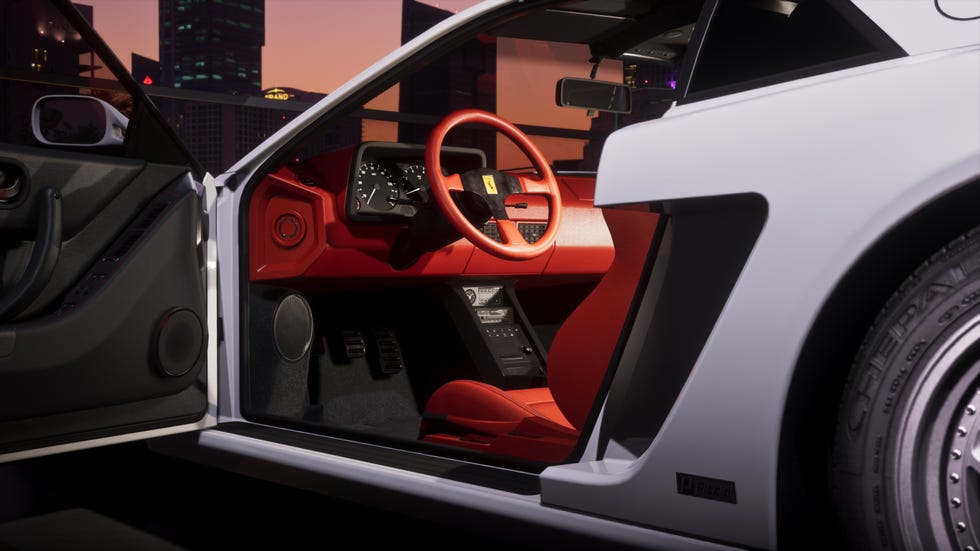 Interior of a car showing a red-themed dashboard, steering wheel, and seats with a city skyline in the background. Interior of a car showing a red-themed dashboard, steering wheel, and seats with a city skyline in the background.