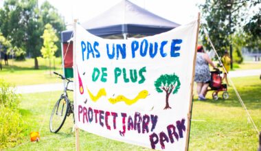 Montrealers rally against tennis stadium expansion in Jarry Park
