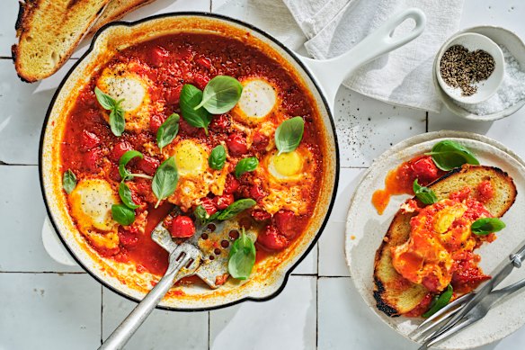 Danielle Alvarez’ tomato and basil poached eggs with crusty bread.