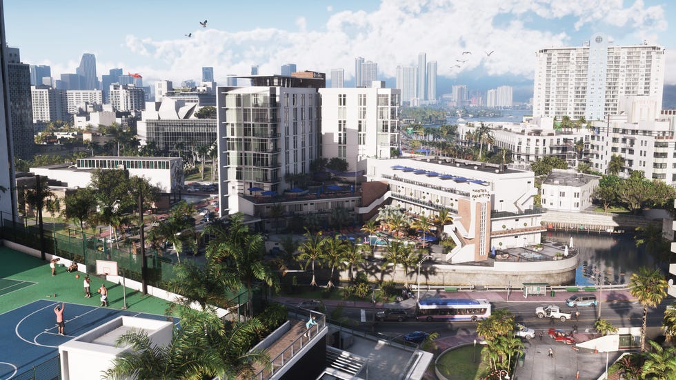Aerial view of a vibrant urban area with buildings, palm trees, a basketball court, and a waterfront. Aerial view of a vibrant urban area with buildings, palm trees, a basketball court, and a waterfront.