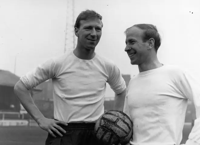 British footballers Jack Charlton (left) and his brother Bobby Charlton.