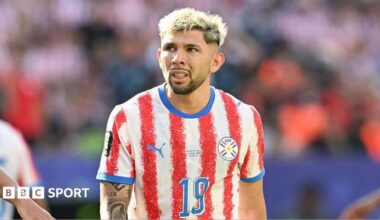 Julio Enciso on the pitch for Paraguay at the World Cup against France