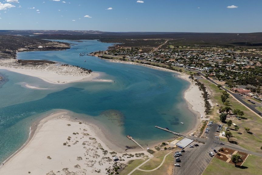 Aerial view over rivermouth and foreshore lined with trees