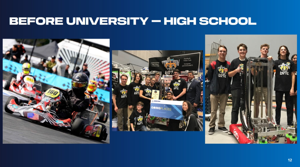A collage showcasing kart racing and a robotics team from high school before university.