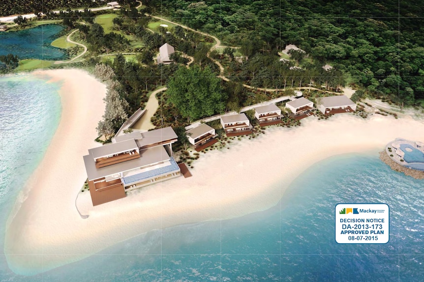 A computer generated image of wooden buildings on an island shore, surrounded by sand and water.