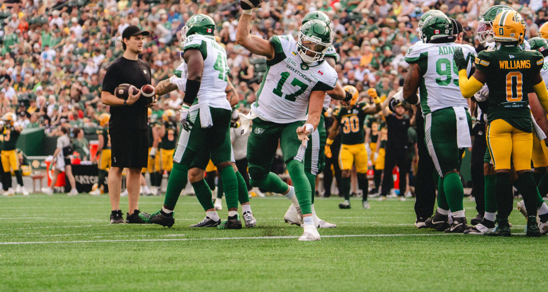 Stevens’ three scores help Riders turn tables on Elks