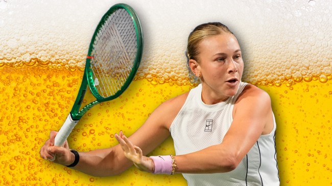 American tennis player Amanda Anisimova over beer background