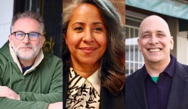 A three-panel image features portraits of, from left, a white man with spiky grey hair, glasses and a green hoodie; a Black woman with wavy dark hair and a black and white patterned shirt; and a mixed-race man with a dark jacket over a navy shirt.