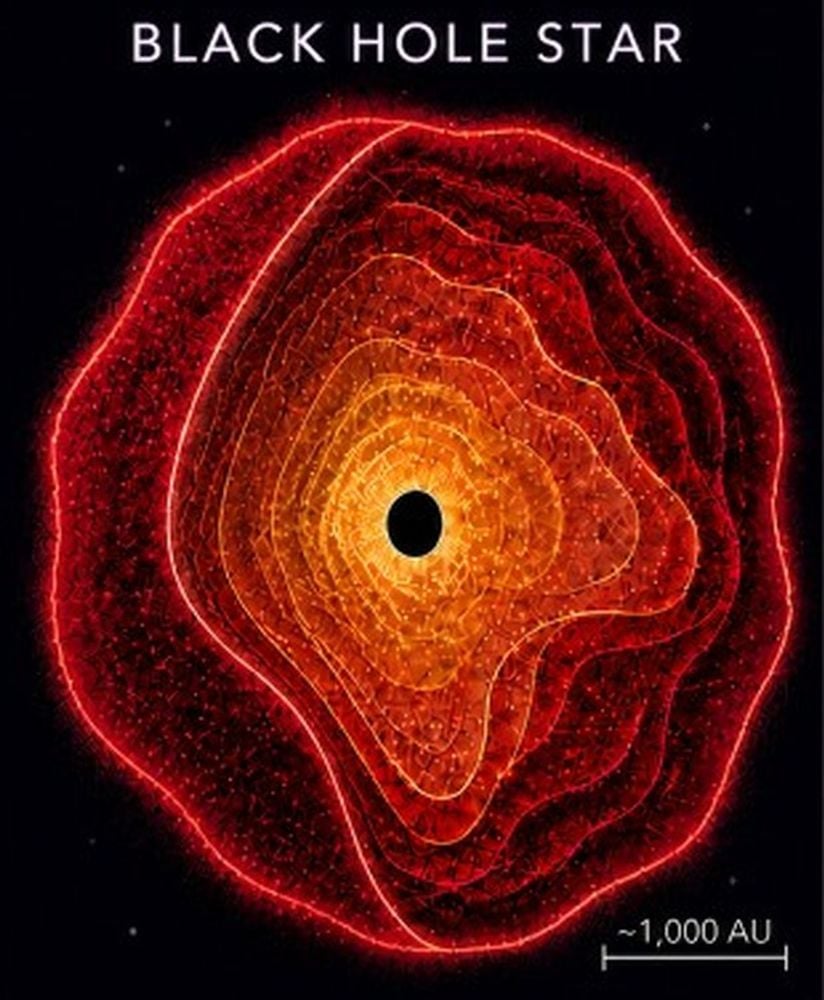 New research proposes that the JWST's Little Red Dots, those puzzling objects from the early Universe, are objects the researchers have dubbed "Black Hole Stars." They're black holes, but instead of just an accretion ring, they're surrounded by a dense cocoon of gas that colours their light red. These could explain the SMBH found so early in the Universe by the JWST. Image Credit: Rohan Naidu (University of Hawai’i)
