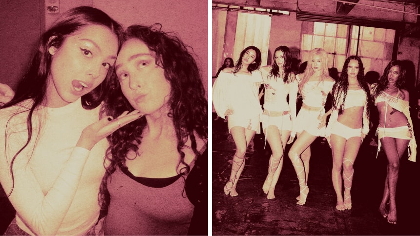 Olivia Rodrigo posing with Chappell Roan, left, and girl group Katseye is lined up, pictured on the right.