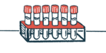 Six filled vials are seen stored on a rack.