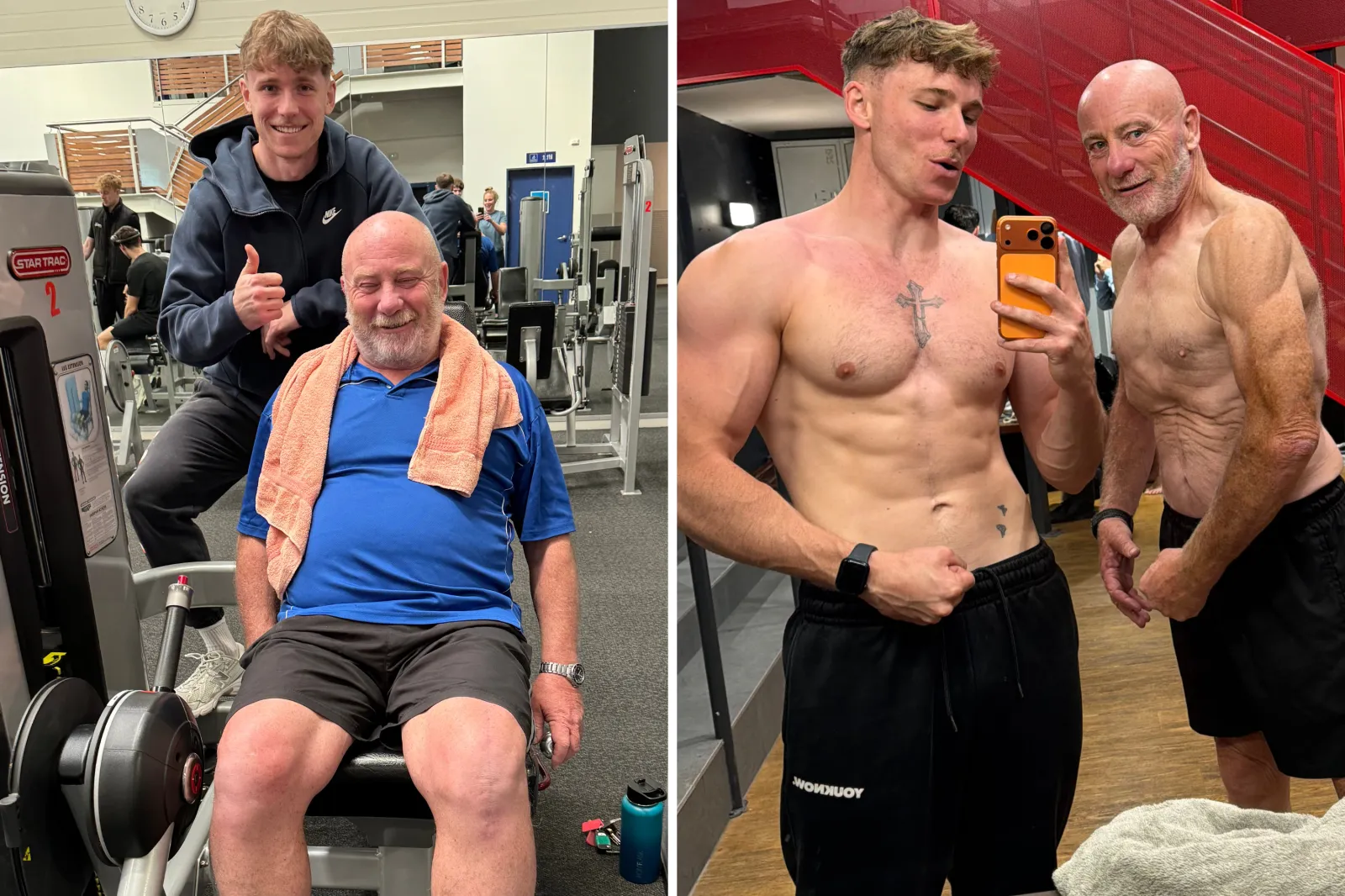 The pair in the gym and a recent shot showcasing the results.