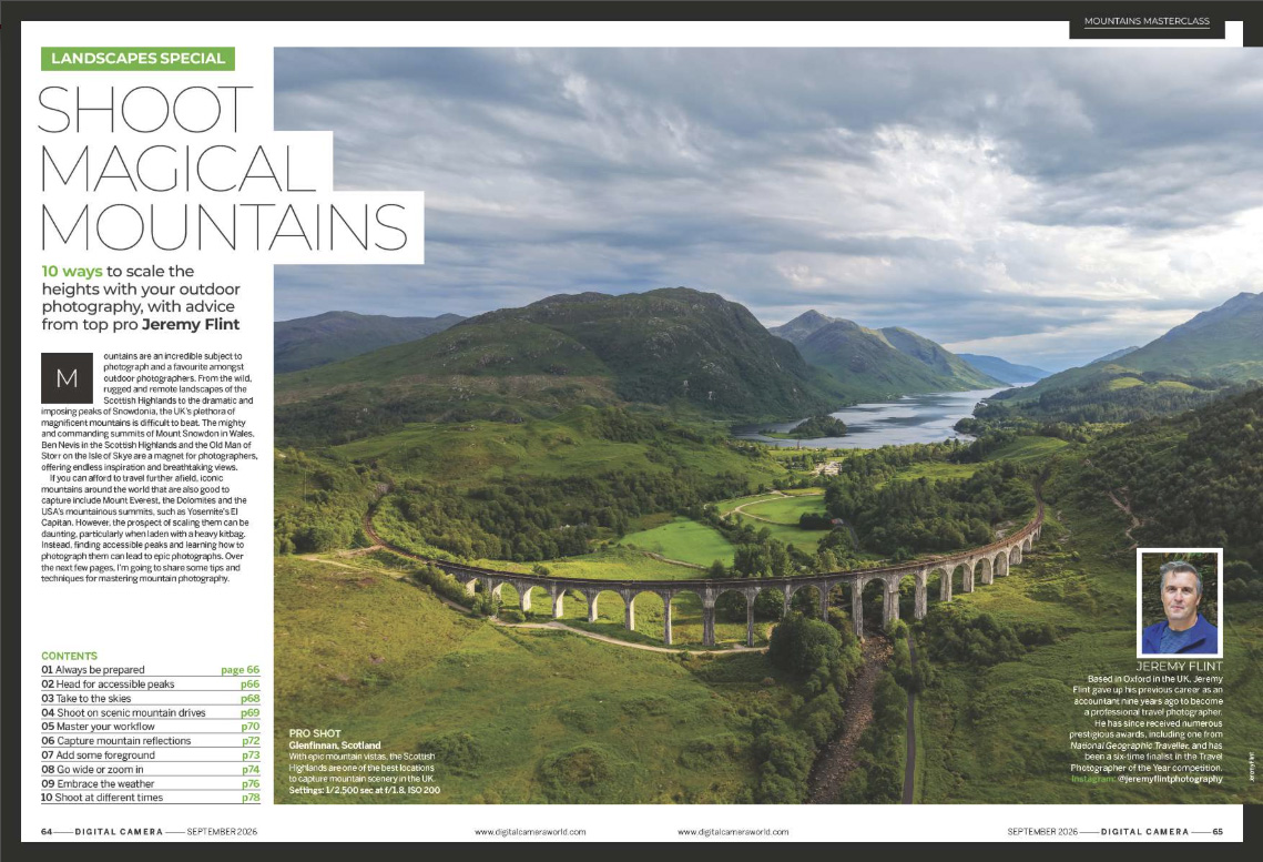 Image showing the first two pages of the feature of issue 311 (September 2026) of Digital Camera magazine &ndash; how to photograph mountains
