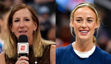WNBA Commissioner Cathy Engelbert speaking, beside image of Sophie Cunningham ahead of game