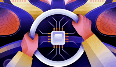 Hands driving a steering wheel with a computer chip.