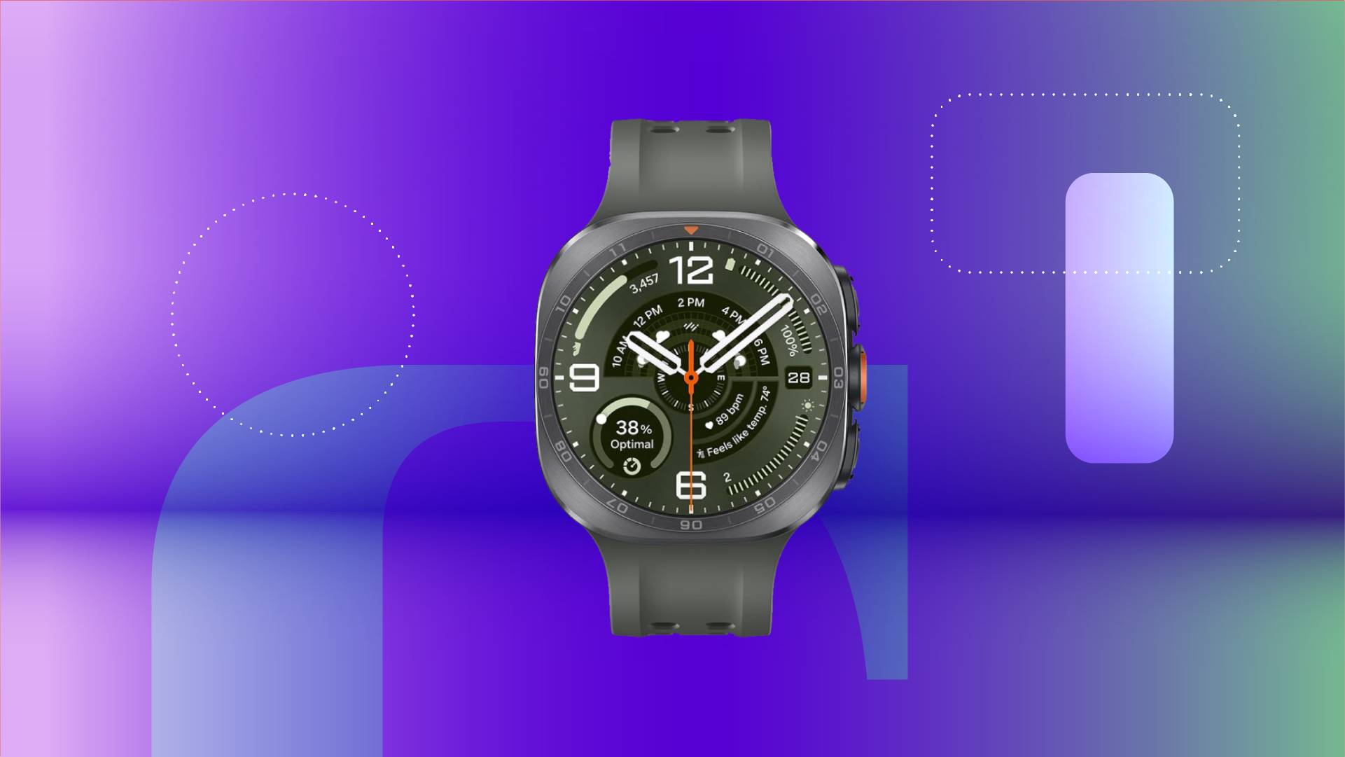A gray smartwatch against a purple gradient CNET background.