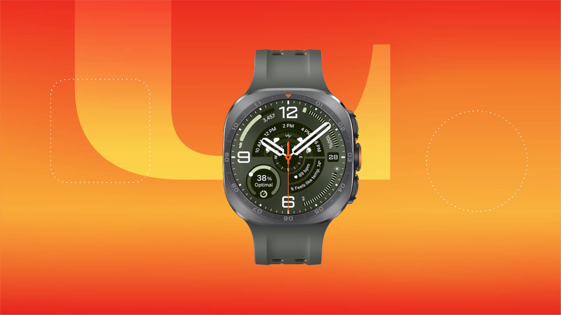 A gray smartwatch against an orange gradient CNET background.
