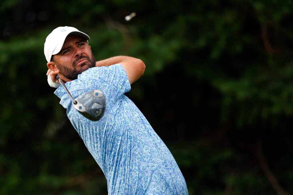 Wesley Bryan of the United States plays his shot from the second tee during the second round of the 3M Open at TPC Twin Cities