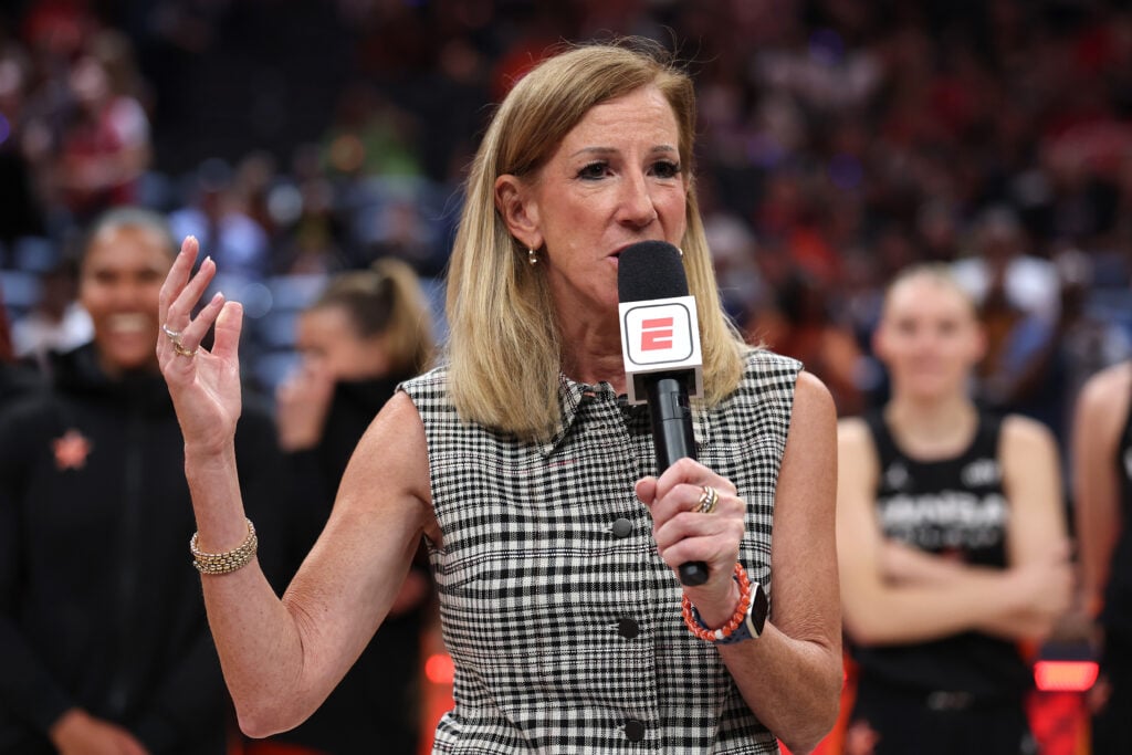 WNBA Commissioner Cathy Engelbert speaks following the 2025 AT&T WNBA All-Star Game at Gainbridge Fieldhouse.