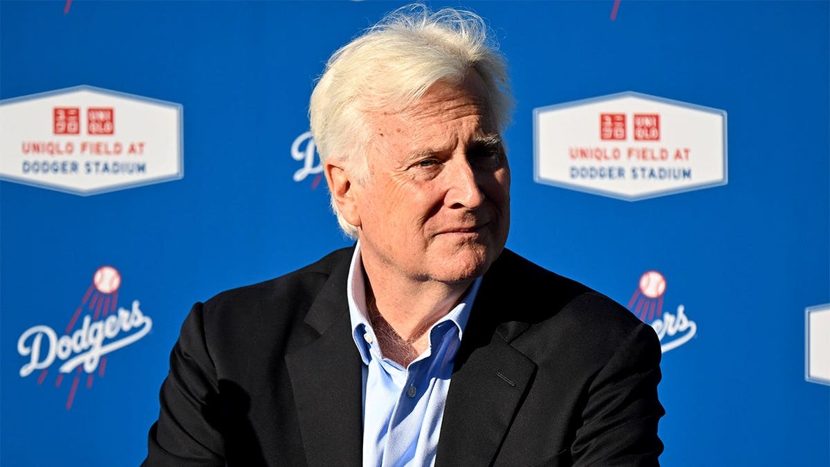 Los Angeles Dodgers chairman Mark Walter speaks at a press conference at Dodger Stadium on March 25, 2026.