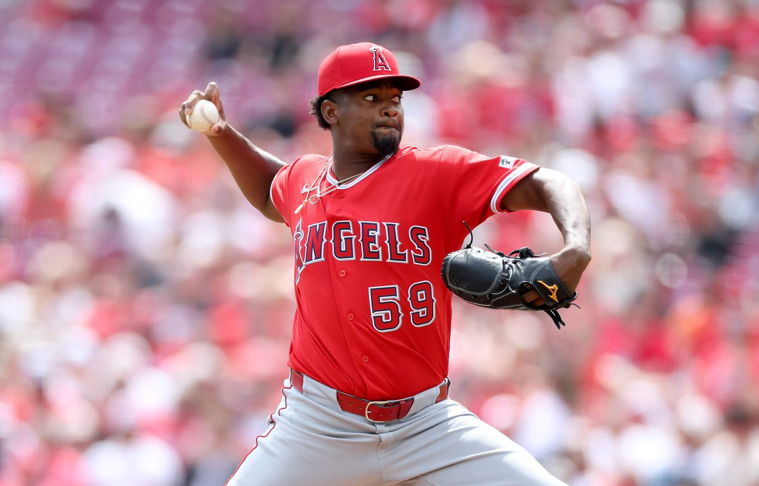Jose Soriano #59 of the Los Angeles Angels throws a pitch against against the Cincinnati Reds at Great American Ball Park on April 12, 2026 in Cincinnati, Ohio.