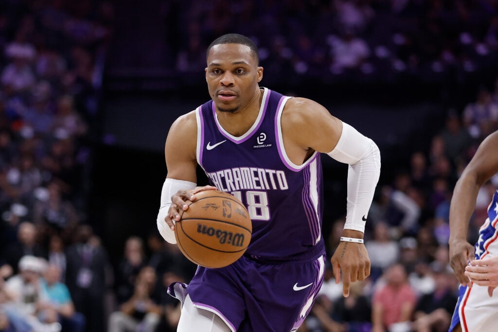 Russell Westbrook #18 of the Sacramento Kings dribbles the ball in the second quarter against the Philadelphia 76ers at Golden 1 Center on March 19, 2026 in Sacramento, California.