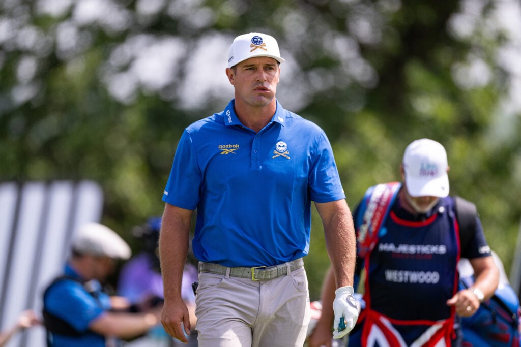 Bryson DeChambeau in action during day one of LIV Golf UK at JCB Golf & Country Club