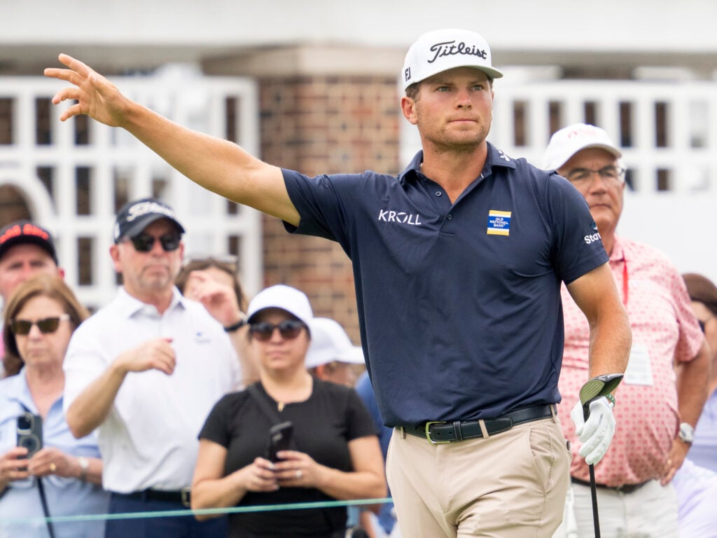 Michael Brennan reacts to his tee shot during the third round of the Rocket Classic