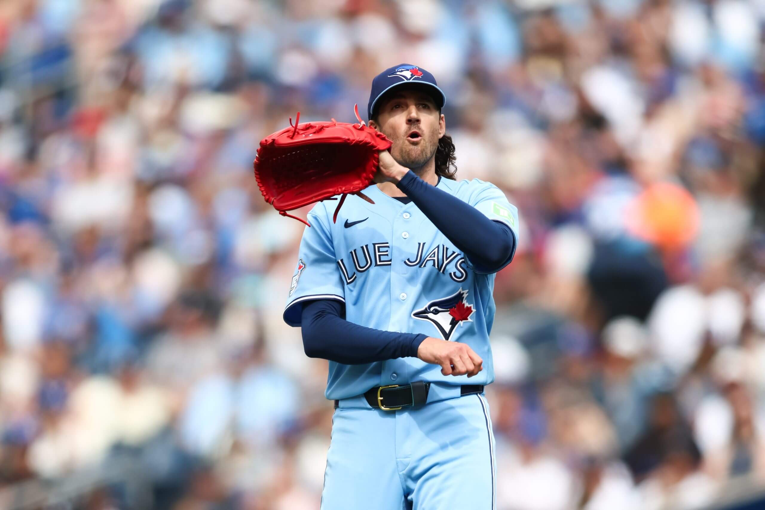 Kevin Gausman #34 of the Toronto Blue Jays reacts as he comes off the mound at the end of the fourth inning of their MLB game against the St. Louis Cardinals at Rogers Centre on August 1, 2026 in Toronto, Ontario, Canada. 
