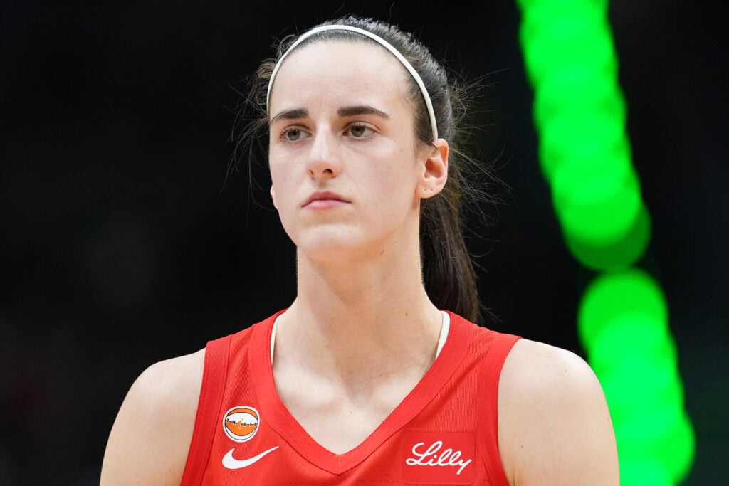 Caitlin Clark #22 of the Indiana Fever looks on during the first half against the Seattle Storm at Climate Pledge Arena.