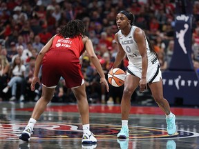 Jackie Young #0 of the Las Vegas Ace against the Indiana Fever at Gainbridge Fieldhouse on August 06, 2026 in Indianapolis, Indiana.