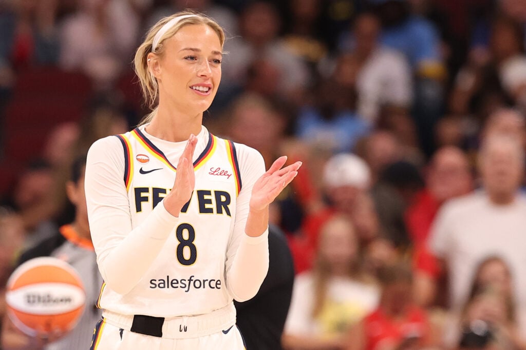 Sophie Cunningham #8 of the Indiana Fever looks on during the first half at United Center.