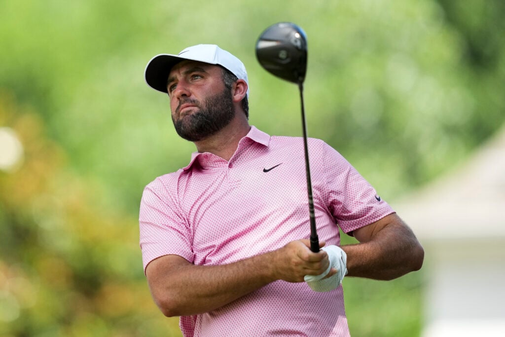 Scottie Scheffler of the United States hits a tee shot on the 16th hole during the second round of the FedEx St. Jude Championship at TPC Southwind