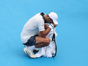 Novak Djokovic of Serbia reacts during a match against Thiago Agustín Tirante of Argentina on day five of the Cincinnati Open at Lindner Family Tennis Center on August 15, 2026 in Mason, Ohio.
