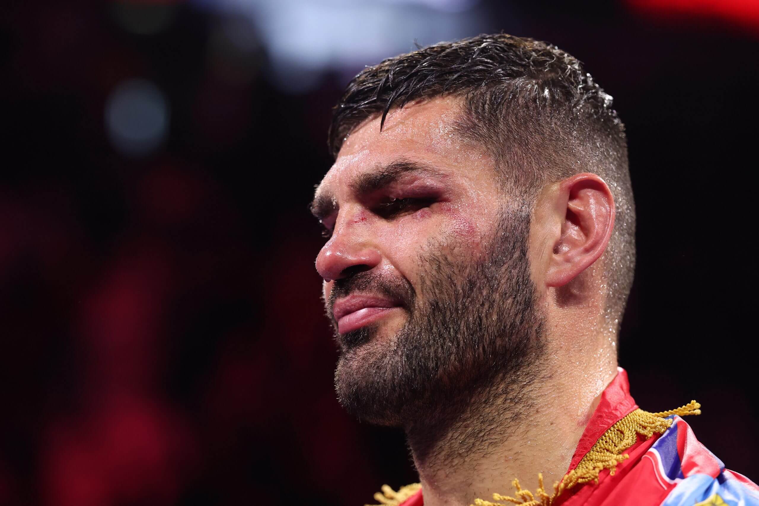 Filip Hrgovic looks on through a bruised left eye after winning his bout