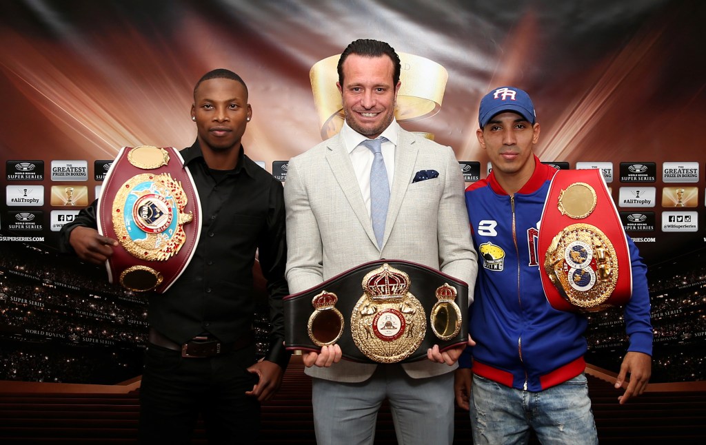 (Left to right) Zolani Tete, promoter Kalle Sauerland and Emmanuel Rodriguez pose after the press conference at the Savoy Hotel, London. Tete and Rodriguez both competed in the bantamweight division World Boxing Super Series, which lasted from 2018 to 2019. 