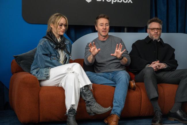 Olivia Wilde, Edward Norton and Seth Rogen at IndieWire Studio Presented by Dropbox at Sundance on January 25, 2026 in Park City, Utah.