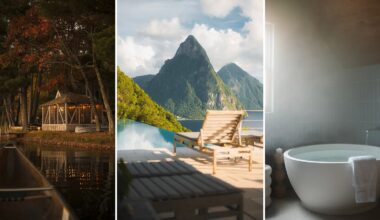 A triptych showing a canoe on a lake near a screened gazebo, a mountain view from an infinity pool, and a steaming bathtub.