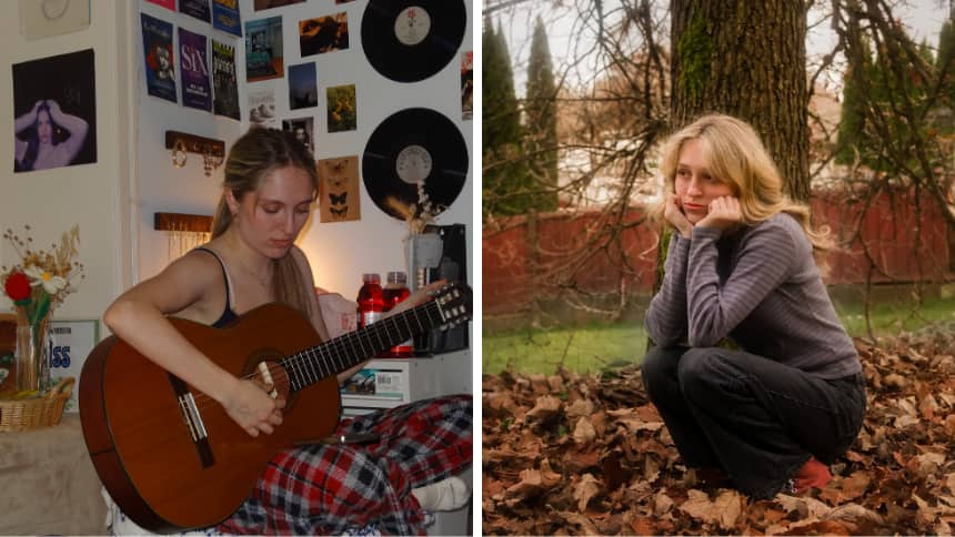 Left image, a girl sitting and strumming her guitar. Right image: the same girl crouching with her hands on her chin.