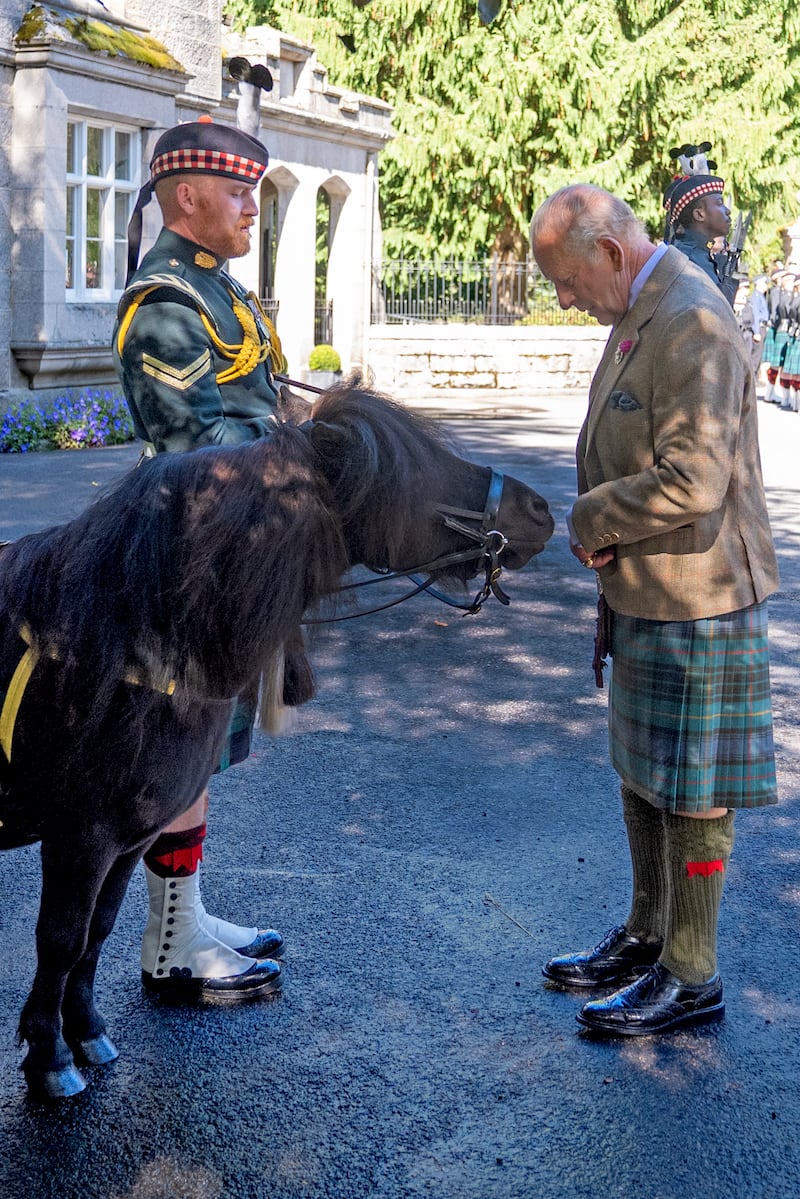 British king Charles III inspects a Shetland pony. Photograph: Jane Barlow/PA

