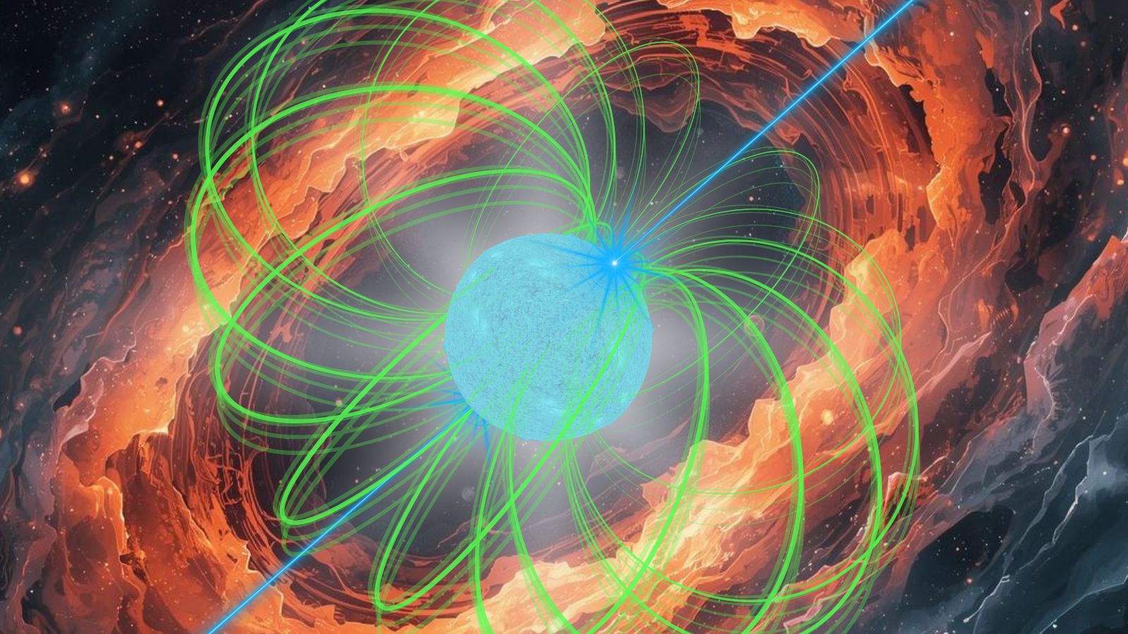 A blue sphere surrounded by green lines. In the background, there are lots of orange designs.