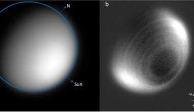 Venus rings. Two black-and-white images of Venus set side by side. One reveals rings in the atmosphere.