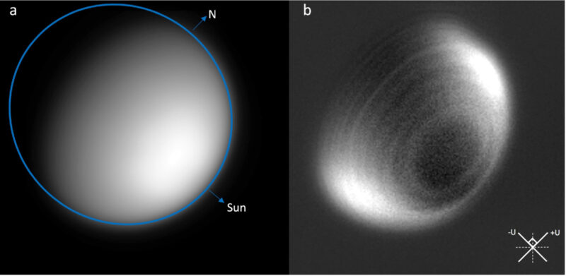 Venus rings. Two black-and-white images of Venus set side by side. One reveals rings in the atmosphere.