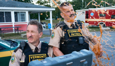 From L to R: Nat Faxon, Paul Soter, Jay Chandrasekhar, Steve Lemme, Erik Stolhanske, Andrew Dismukes, Kevin Heffernan in Super Troopers 3.