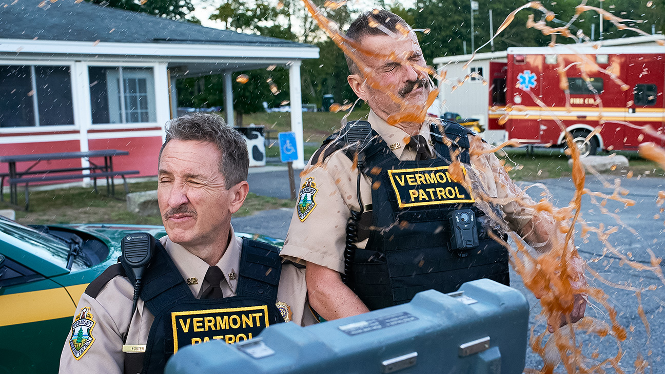 From L to R: Nat Faxon, Paul Soter, Jay Chandrasekhar, Steve Lemme, Erik Stolhanske, Andrew Dismukes, Kevin Heffernan in Super Troopers 3.