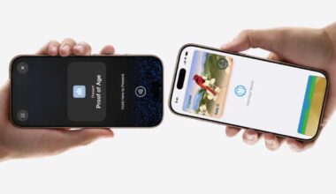 Two hands hold iPhones facing each other, showing a digital age verification screen on the left and a white wallet screen on the right.