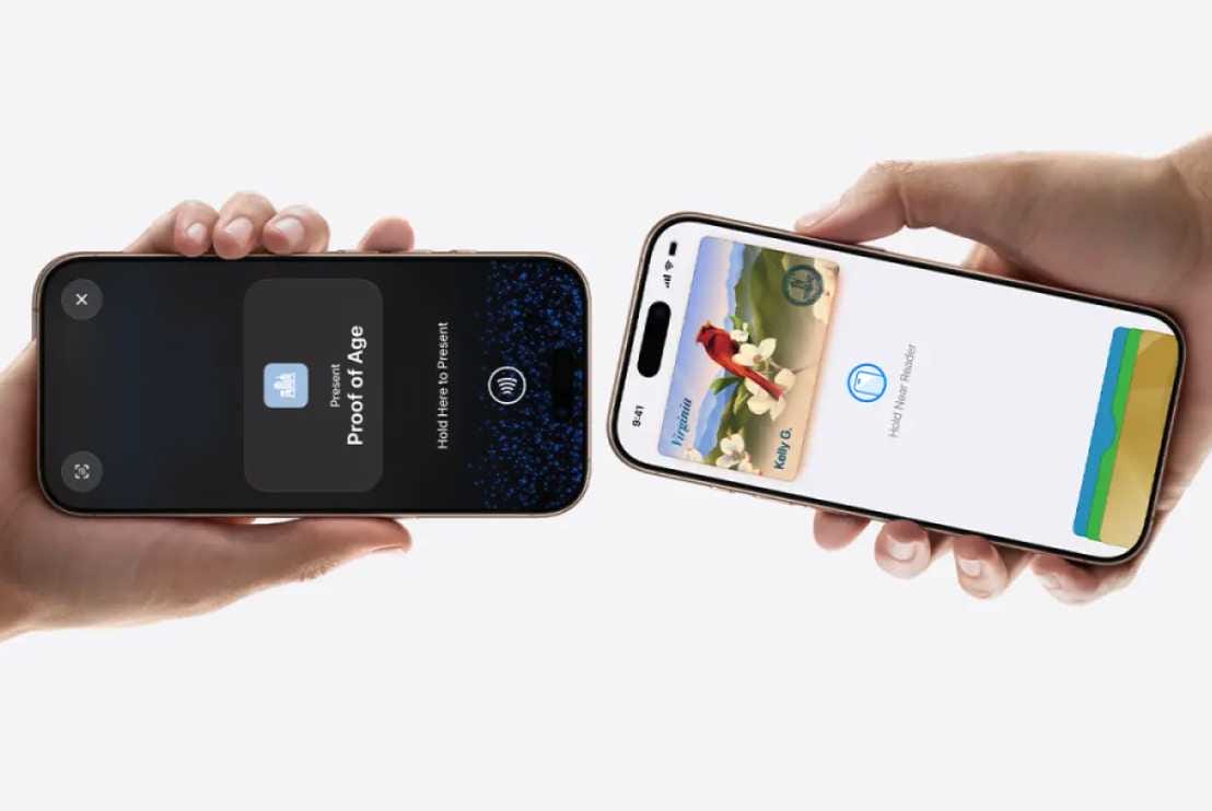 Two hands hold iPhones facing each other, showing a digital age verification screen on the left and a white wallet screen on the right.