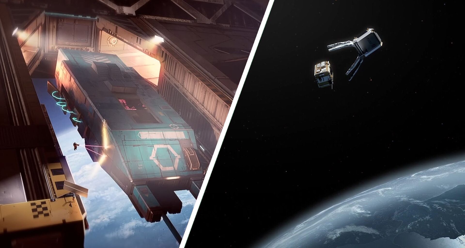 Split image showing space debris cleanup in Hardspace Shipbreaker (L) and an artists rendition of the upcoming Clearspace-1 mission (R).